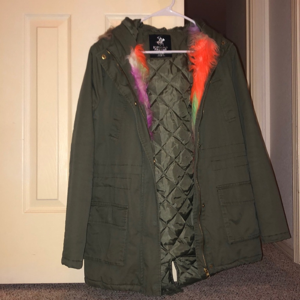Green Anorak Jacket with colorful fur